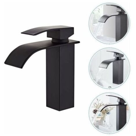 Bathroom Faucet and Two Inlet Hoses, Sink Faucet with Cold & Hot Water Available, Modern Waterfall Design Sink Faucet, Durable Black Copper Valve Body Design