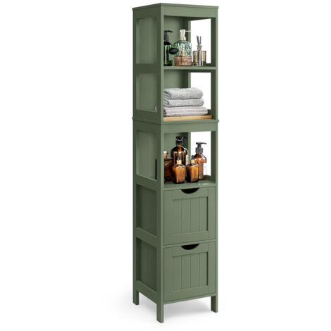 Bathroom Floor Cabinet, Freestanding Bathroom Storage Unit with 2 Drawers & 3 Open Compartments, for Bathroom, Living Room & Kitchen