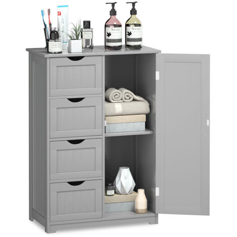 Bathroom Floor Cabinet Storage Cupboard Organizer W/Adjustable Shelf & 4 Drawers