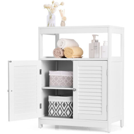 Bathroom Floor Cabinet Wooden Storage Organizer Freestanding Double Shutter Door