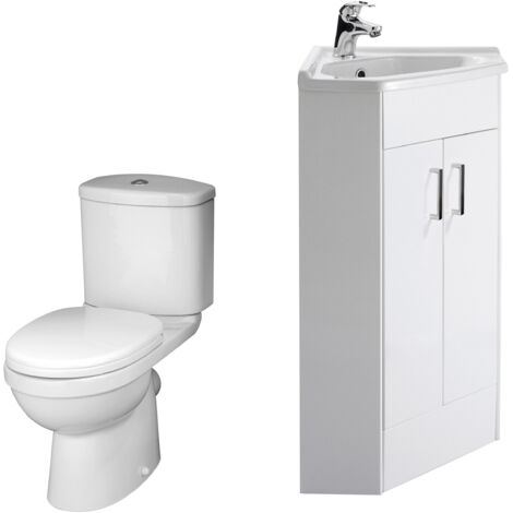 Bathroom Floor Standing Corner Vanity Unit and Toilet Set - White