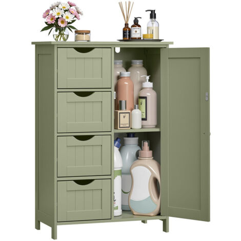 Bathroom Floor Storage Cabinet, Wooden Storage Unit with 4 Drawers & Single Door, Adjustable Shelf, for Living Room, Kitchen & Entryway