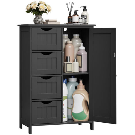 Bathroom Floor Storage Cabinet, Wooden Storage Unit with 4 Drawers & Single Door, Adjustable Shelf, for Living Room, Kitchen & Entryway
