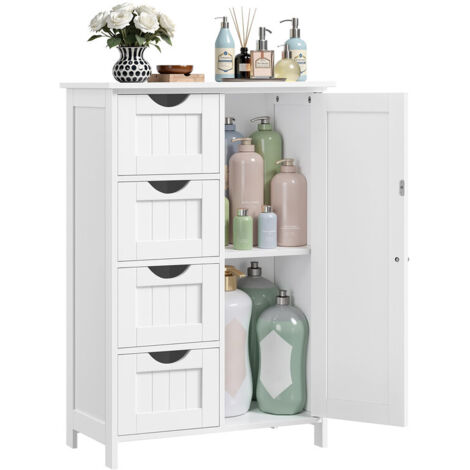 Bathroom Floor Storage Cabinet, Wooden Storage Unit with 4 Drawers & Single Door, Adjustable Shelf, for Living Room, Kitchen & Entryway
