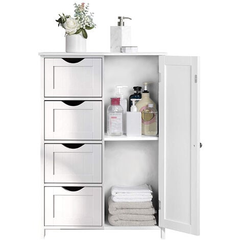 Bathroom Floor Storage Cabinet, Wooden Storage Unit with 4 Drawers, Single Door, Adjustable Shelf, for Living Room, Kitchen, Entryway, White