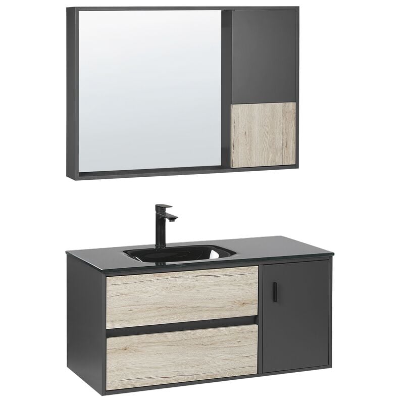 Bathroom Furniture Set 100 cm with Basin and Mirror Light Wood and Black Teruel - Light Wood