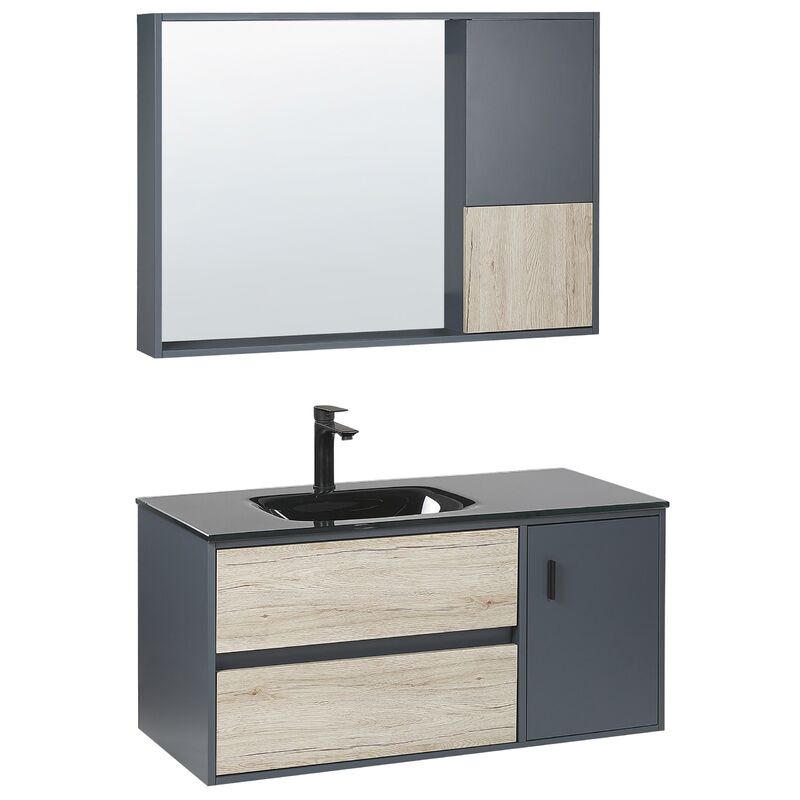Bathroom Furniture Set 100 cm with Basin and Mirror Light Wood and Grey Teruel - Light Wood