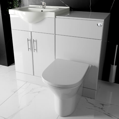 Bathroom Furniture Suite Cloakroom Vanity Unit Basin Sink and Back to Wall Toilet WC with Cistern, Plate, Tap, Waste - 1050mm