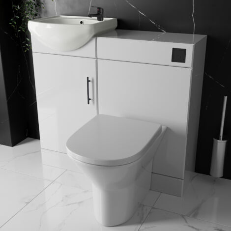 Bathroom Furniture Suite Cloakroom Vanity Unit Basin Sink and Back to Wall Toilet WC with Cistern, Plate, Tap, Waste - 900mm