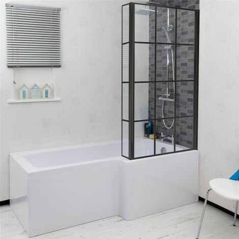 Bathroom L Shaped Bath Black Grid Shower Screen RH Front End Panel White 1600mm