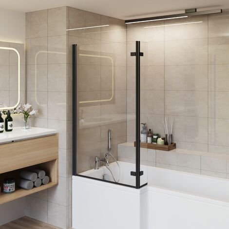 Bathroom L Shaped Pivot Reversible Bath Screen Hinged Return Black