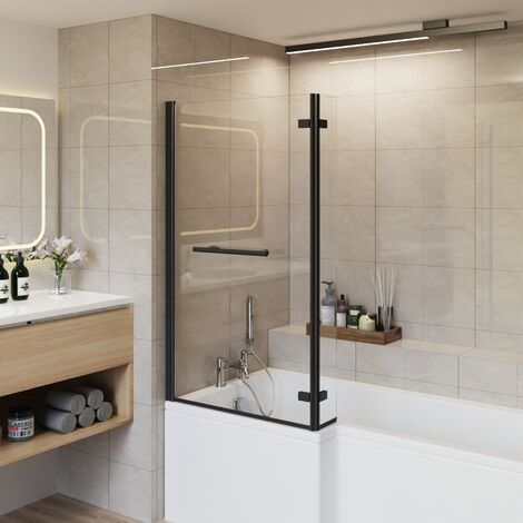 Bathroom L Shaped Pivot Reversible Bath Screen Hinged Return with Towel Rail Black