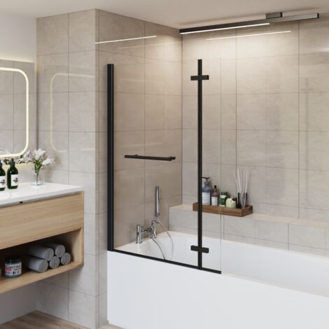 Bathroom L Shaped Pivot Reversible Bath Screen Hinged Return with Towel Rail Black
