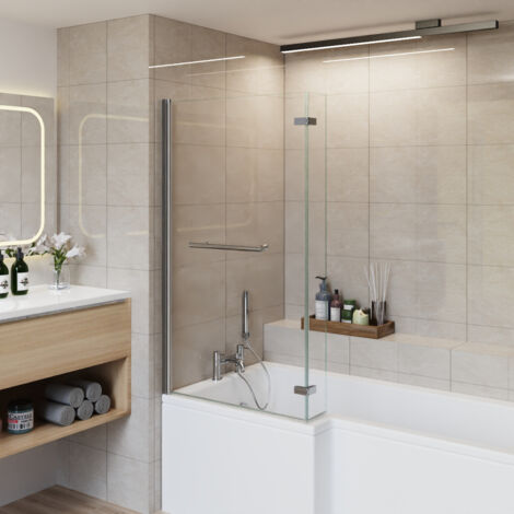 Bathroom L Shaped Pivot Reversible Bath Screen Hinged Return with Towel Rail Chrome