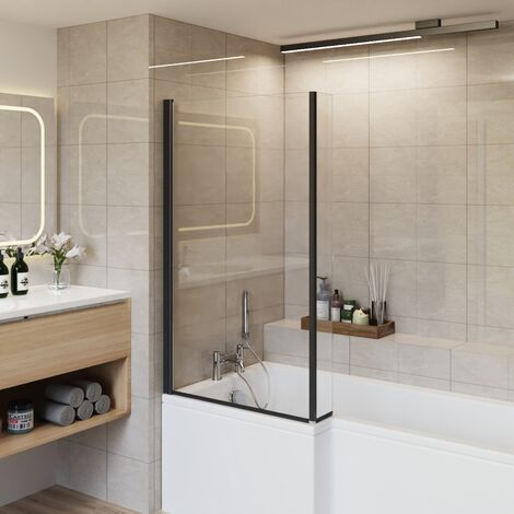 Bathroom L Shaped Pivot Reversible Bath Screen with Fixed Return Black