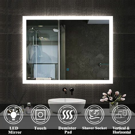 ACEZANBLE Bathroom LED Mirror with Shaver Socket 700x500mm Wall Mounted Illuminated Bathroom Mirror with LED Lights Demister Pad Touch Switch Vertical/Horizontal