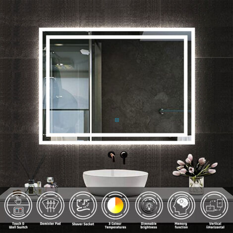 Bathroom LED Mirror with Shaver Socket, Bathroom Mirrors with 3 Colors Lights, Dimmable & Demister, Wall Switch Touch Switch 600x800mm Horizontal / Vertical