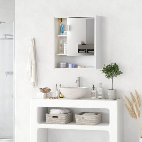 Bathroom Mirror Cabinet 1 Door 55x16x61cm Wall Mounted Bathroom Cabinet with 5 Storage Shelf Mirror Cabinet for Bathroom