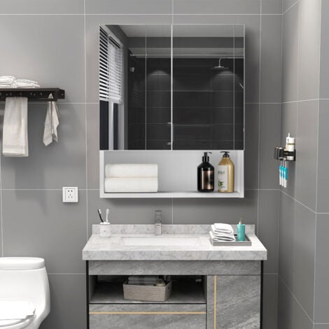 CLIPOP Bathroom Mirror Cabinet 2 Door Bathroom Storage Cupboard with Adjustable Shelves and Open Shelf Wall Mounted Mirror Cabinet for Living Room,Bathroom and Toilet