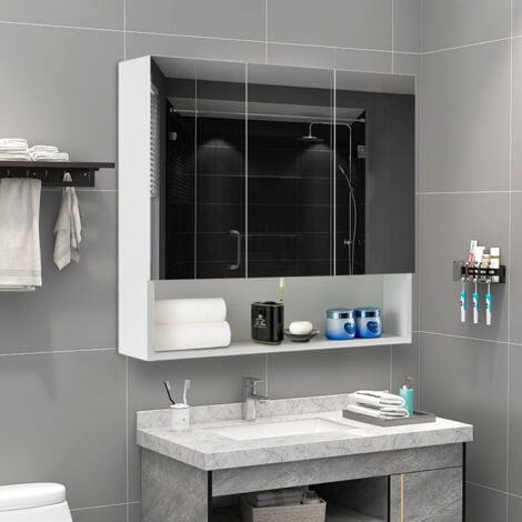 CLIPOP Bathroom Mirror Cabinet 3 Door Bathroom Storage Cupboard with Adjustable Shelves and Open Shelf Wall Mounted Mirror Cabinet for Living Room,Bathroom and Toilet