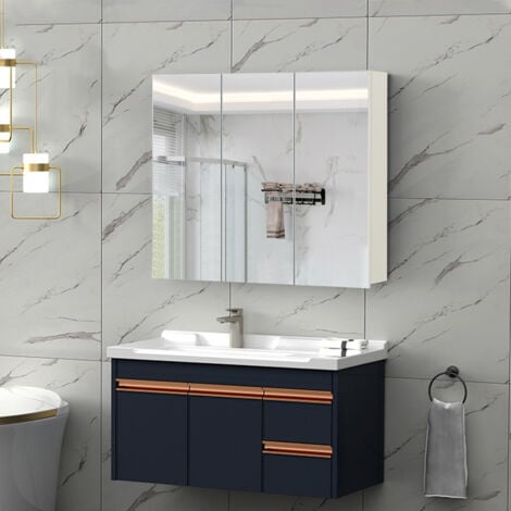 CLIPOP Bathroom Mirror Cabinet 3 Door Wall Mounted Storage with adjustable Storage Shelves HD Mirror Wooden Storage Organizer Bathroom White 70x16x63cm White