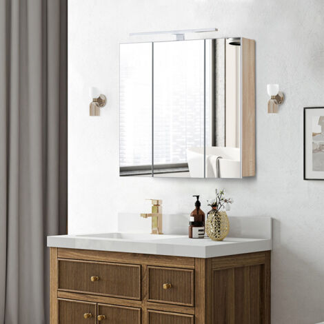 Bathroom Mirror Cabinet 3 Doors 70x16x70cm Wall Mounted Bathroom Storage Cupboard with 6 Glass Shelves Bathroom Cabinet with Light Strip