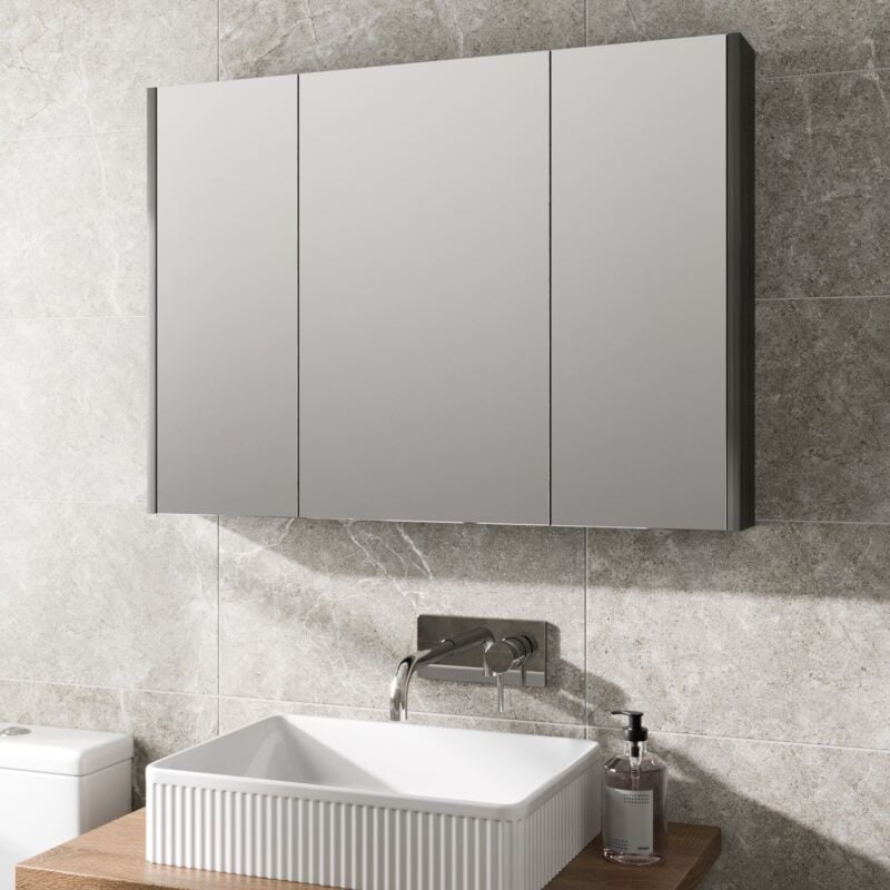 Bathroom Mirror Cabinet Cupboard Storage Grey Triple Door Wall Mount 650 x 900mm