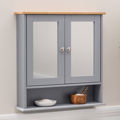 Bathroom Mirror Cabinet Grey Bamboo Wooden Double Wall Mounted