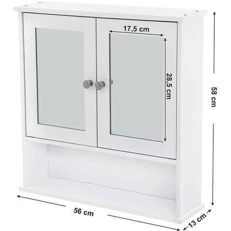 Songmics Bathroom Mirror Cabinet Storage Cupboard Wall-Mounted Storage Unit Wooden With Double Mirrored Doors Adjustable Shelf 56 x 13 x 58 cm W x D x H White LHC002