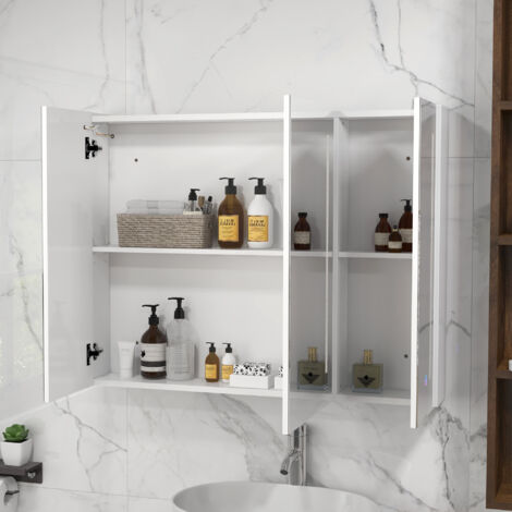Bathroom Mirror Cabinet with Light, Bathroom Storage Cupboard with USB Charge, Adjustable Shelf, 90x15x70cm, White
