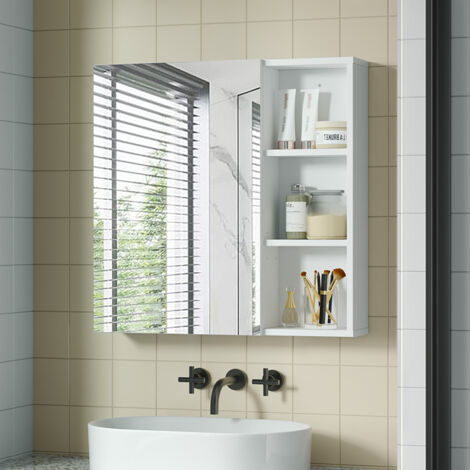 Bathroom Mirror Cabinet with Stainless Steel Hooks - Space-Saving, Adjustable Shelves & Modern Handle-Free Design, 65x15x65cm, White,Mondeer