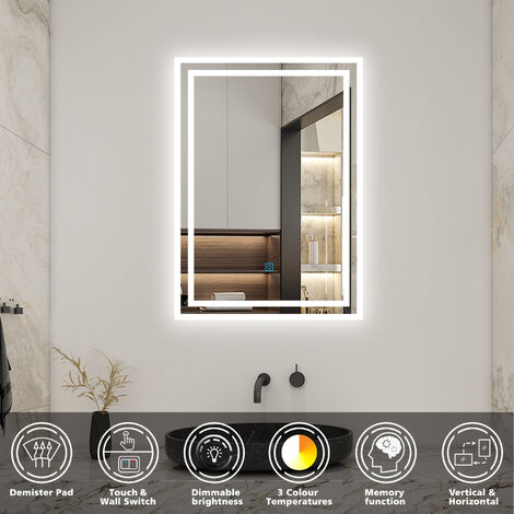 Bathroom Mirror Led Mirror 3 Color Lights, 600x500mm Dimmable Illuminated Backlit Bathroom Mirror with Desmister, Touch, Brightness Memory, 3000K-6000K