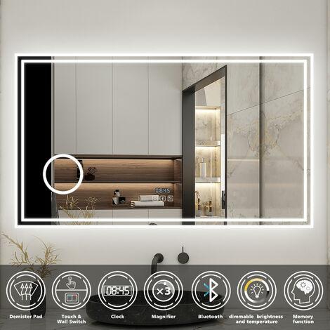 Bathroom Mirror Led Mirror 3 Color Lights Bluetooth, 1000x600mm Dimmable Illuminated Backlit Bathroom Mirror with Desmister, Magnifiying, Clock, Touch, Brightness Memory, 3000K-6000K