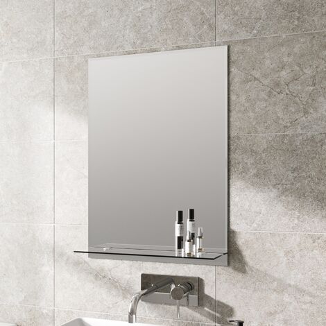 main image of "Bathroom Mirror Wall Modern Frameless Bevelled Rectangle Glass Shelf 500x700"