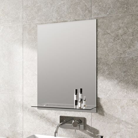 Bathroom Mirror Wall Modern Frameless Bevelled Rectangle Glass Shelf 500x700 - Silver