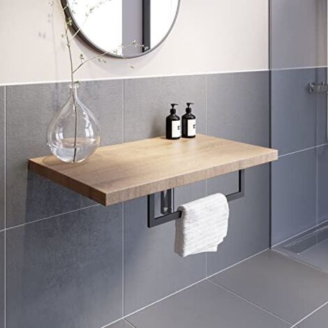Bathroom Oak Wall Hung Floating Wooden Shelf Towel Rail Ring Storage 600mm