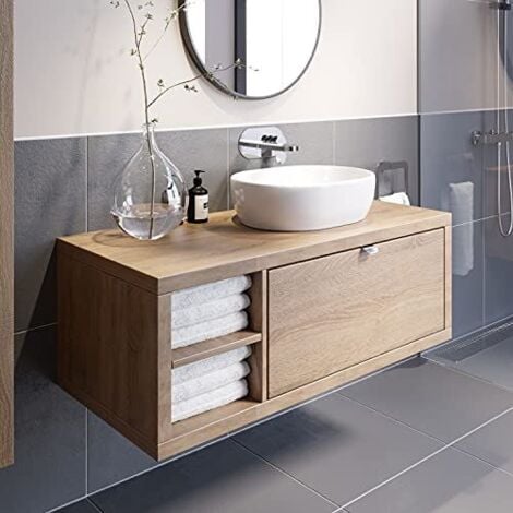 Bathroom Oak Wall Hung Vanity Unit and Basin Sink Cabinet Storage 1100mm Shelving Unit with 480mm Oval White Basin