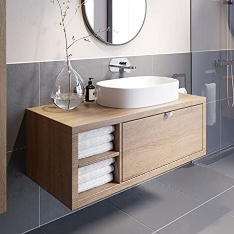 Bathroom Oak Wall Hung Vanity Unit and Basin Sink Cabinet Storage 1100mm Shelving Unit with 600mm Oval White Basin