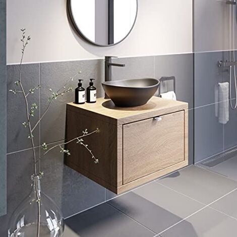 Bathroom Oak Wall Hung Vanity Unit and Basin Sink Cabinet Storage 600mm with 405mm Oval Black Basin