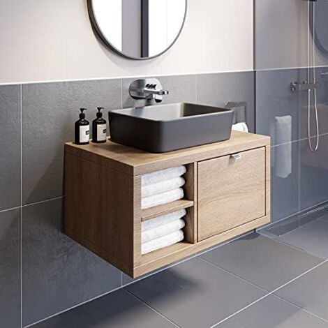 Bathroom Oak Wall Hung Vanity Unit and Basin Sink Cabinet Storage 800mm Shelving Unit with 480mm Rectangular Black Basin