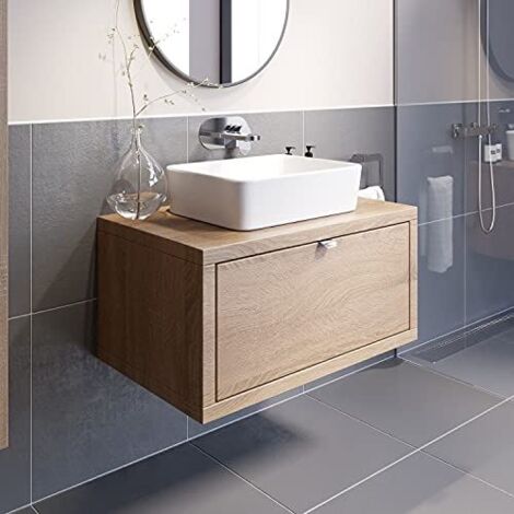 Bathroom Oak Wall Hung Vanity Unit and Basin Sink Cabinet Storage 800mm with 480mm Rectangular White Basin