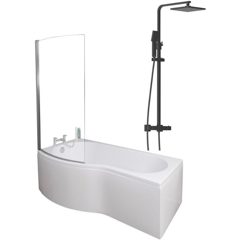 Affine 1700Mm Bathroom P Shaped Bath Mixer Shower Screen Lh White