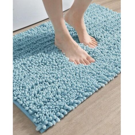 Bathroom Rug 20x32, Super Soft Thick Chenille Absorbent Bath Mat, Non Slip Machine Washable Fluffy Shag Bathmat for Tub, Shower Floor, Light Blue