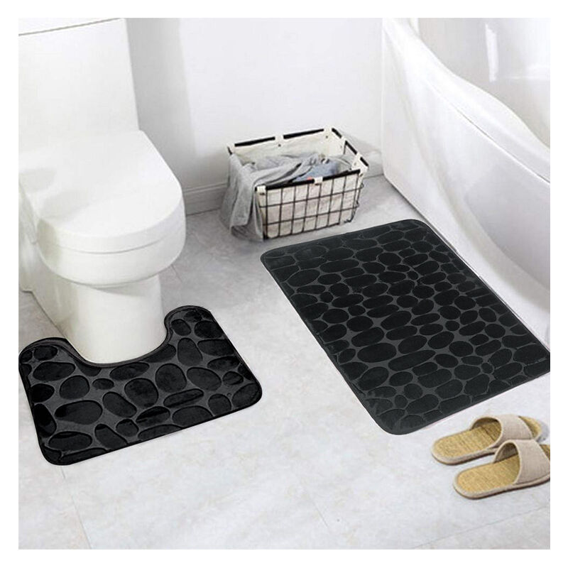Bathroom Rug Set, 2 Pieces Toilet Mat, Microfiber Bathroom Rugs Shower Mat, Super Absorbent Bath Mats For Tub, Shower, Bathroomblack, Sto