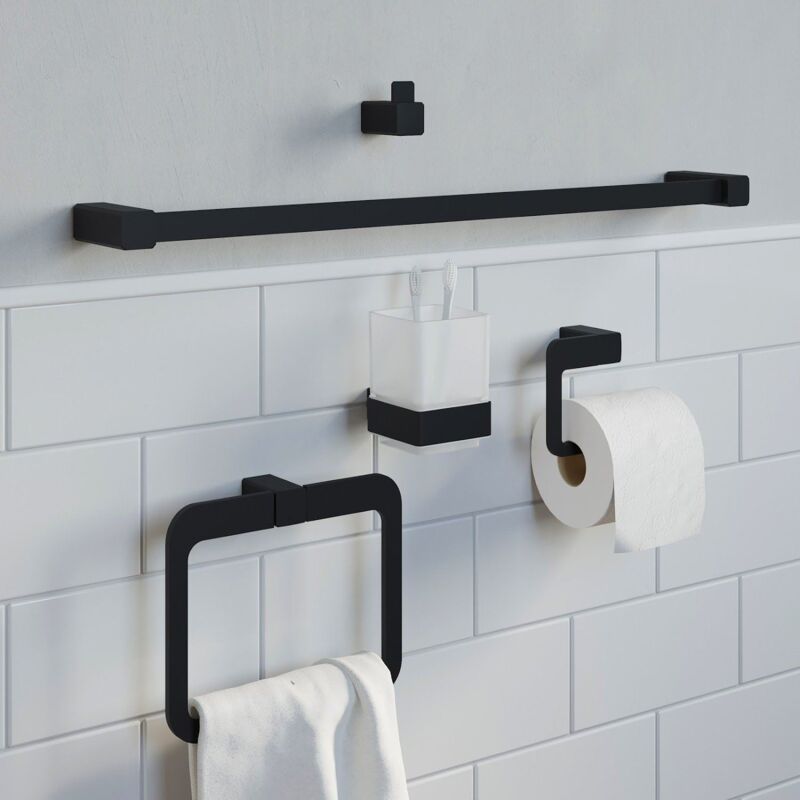Bathroom Set Towel Ring Rail Toilet Roll Holder Robe Hook Tumbler Black