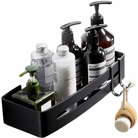 Bathroom Shower Caddy Adhesive Shelf for Shampoo Storage, No Drilling Wall Mounted Shower Basket Organiser, Rustproof Aluminum with 2 Hooks, Black, 32 x 13 cm