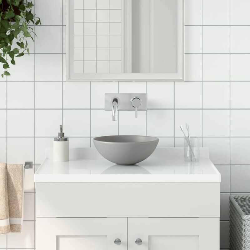 Bathroom Sink Ceramic Light Grey Round - Grey
