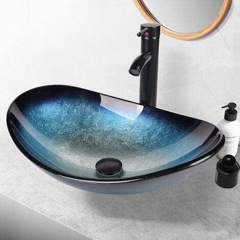 Bathroom Sink Combo Set,Tempered Glass Basin,Hand-painting Artistic Washbowl,with Supply Lines, Oil-rubbed Bronze Tap and Waste,Oval,Blue
