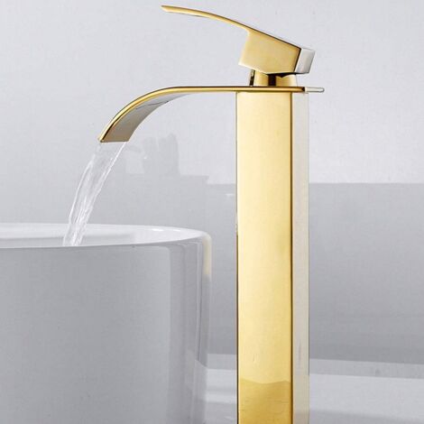 XUIGORT Bathroom sink faucet high waterfall spout for washbasin, Modern square chrome single hole cold and hot water mixer tap (Gold)