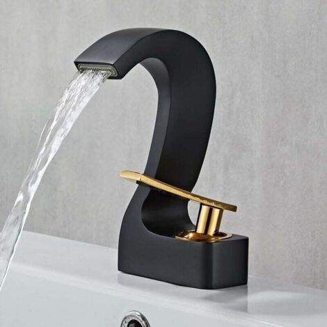 Bathroom Sink Faucet with Hot and Cold Water, Black Brass Bathroom Faucet, Gold Basin Faucet, Deck Mounted Mixer Tap (Black + Gold) MUMU